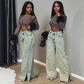 Fashionjeans women's high waist acid washed distressed slit wide leg pants cross-border retroloosemop denim women's pants
