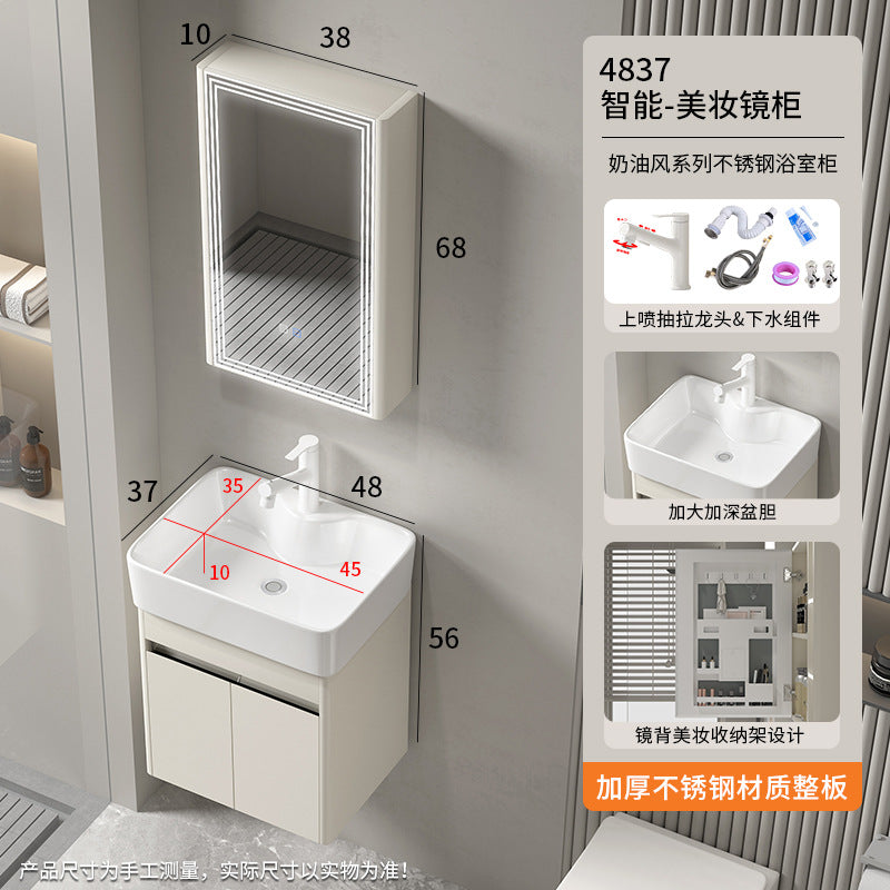 Small apartment bathroom cabinet Thickened stainless steel washstand Integrated cabinet Storage mirror Washstand Deepened ceramic integrated basin