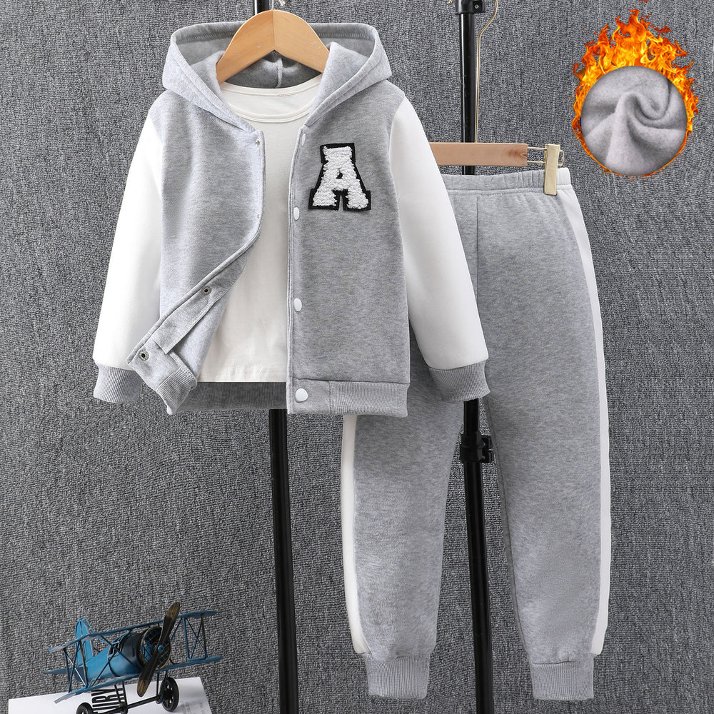 new style children's long-sleeved hooded contrasting color a-line badge suit