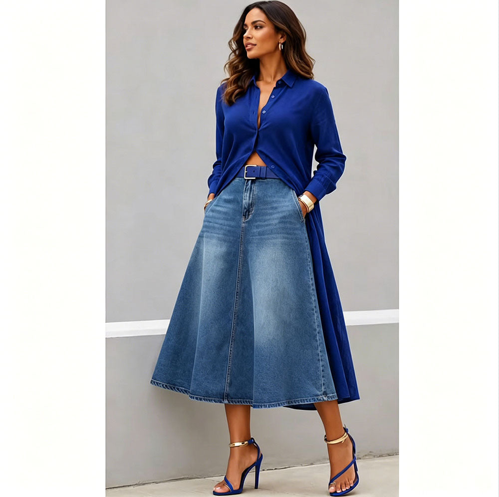 European and american style women's casual denim midi skirt - new  cross-border fashion, street style, washed high-waisted long skirt