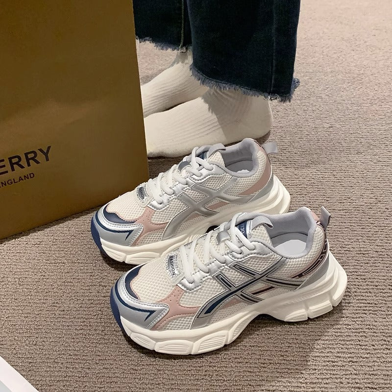 Chunky platform sneakers for women, 2026 new spring/summer collection, breathable mesh, student running shoes, trendy street style, lightweight casual athletic shoes