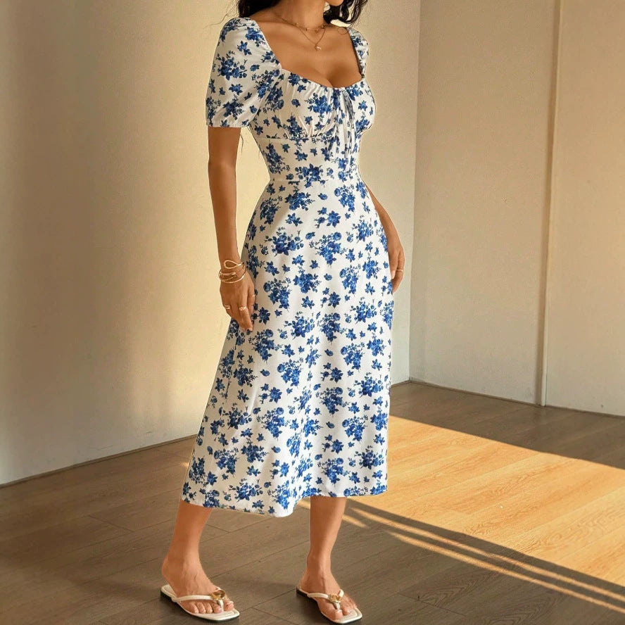 summer fashion casual european and american cross-border square neck printed short-sleeve floral dress women's clothing