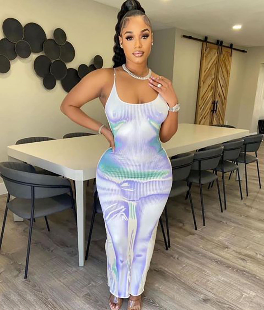 european and american cross-border women's fashion:  style sexy printed backless cami dress - women's maxi dress
