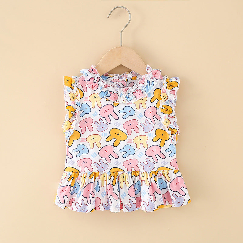 Girls' cotton rayon top - cartoon print, loose-fit, breathable, cute summer lightweight pajama set with lace trim