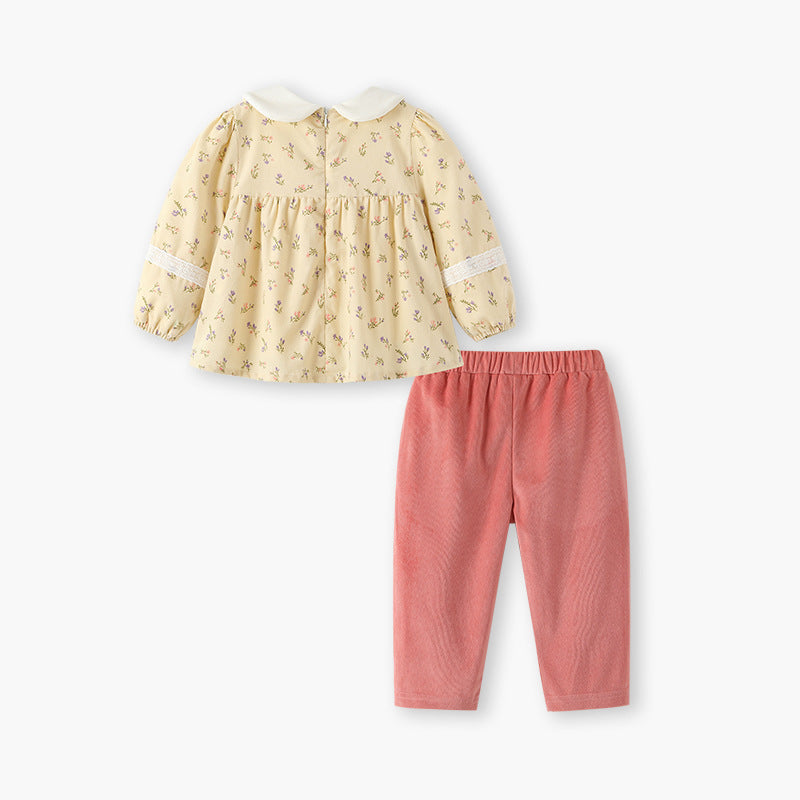 Girls' autumn  korean style floral embroidered children's clothing: pants with bow and fleece lining