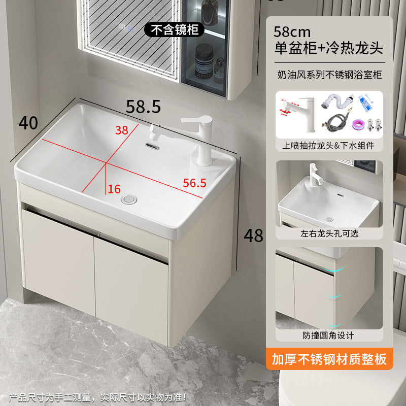Small apartment bathroom cabinet Thickened stainless steel washstand Integrated cabinet Storage mirror Washstand Deepened ceramic integrated basin