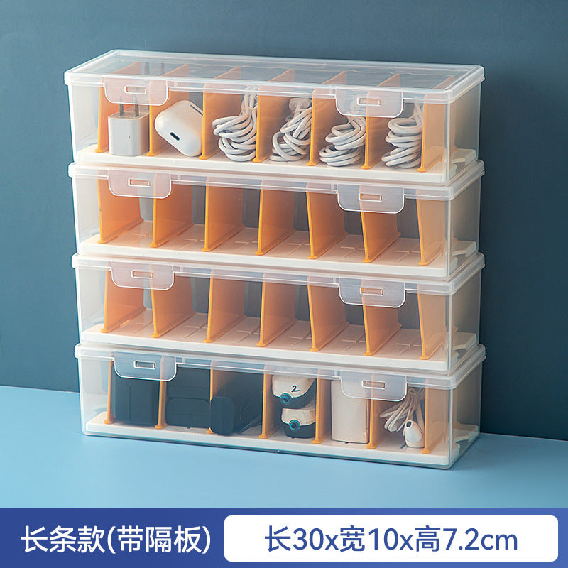 Desktop long rectangular storage box with lid grid transparent storage box flip plastic data cable storage box
