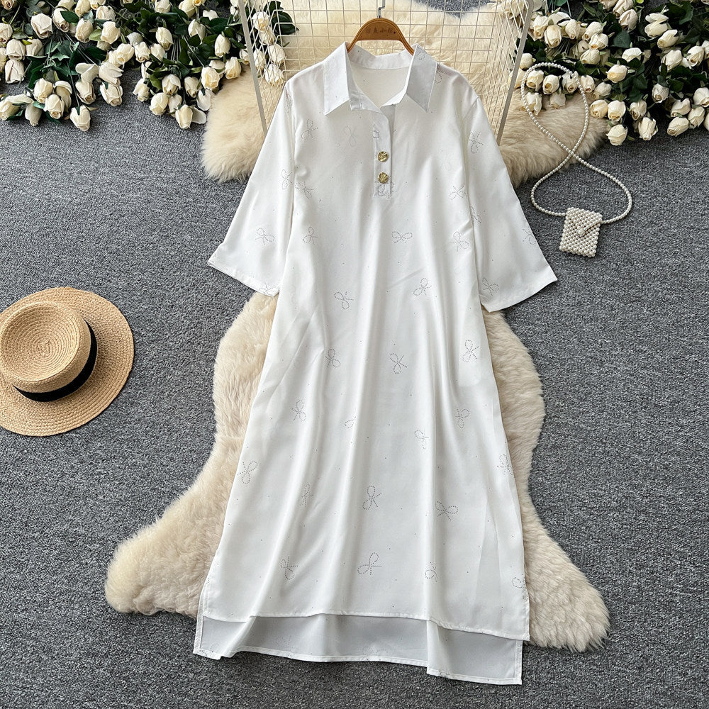 Light mature french style red printingdress women's summer diamond bows short-sleeved lapel slimming lookelegantwork clothing skirt