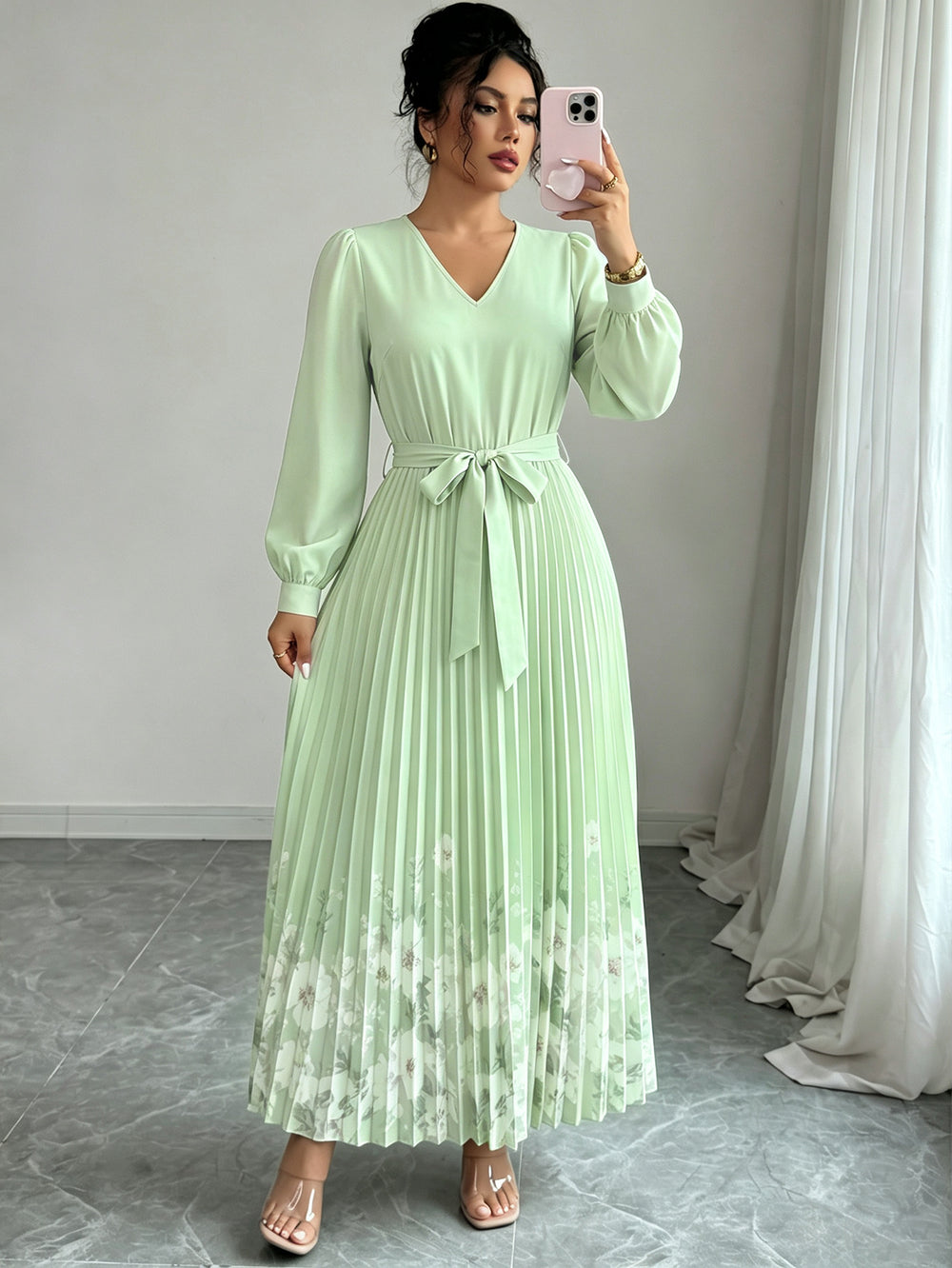 European and american cross-border women's summer  elegant halter neck tie waist floral print pleated maxi swing dress