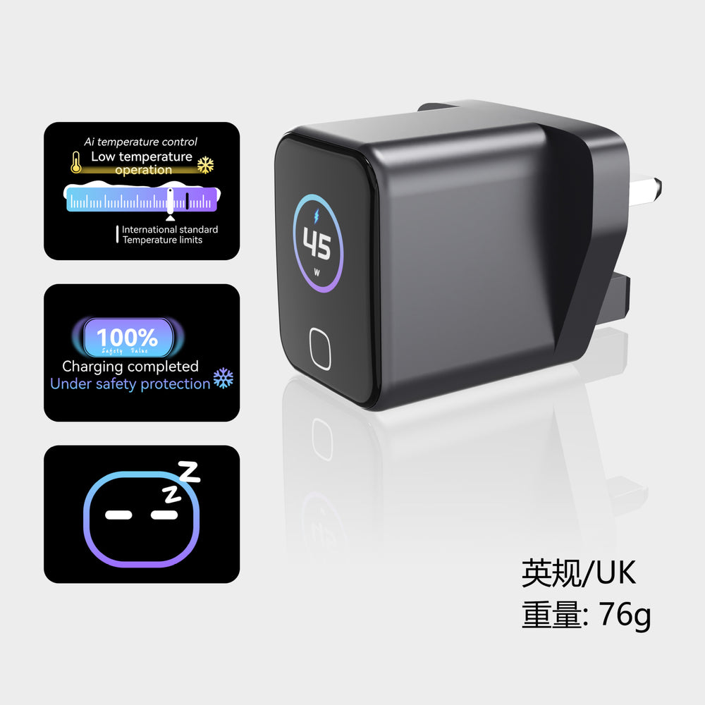 Custom 45w gan charger with ai smart display, foldable tft fast charging adapter for tablets and phones
