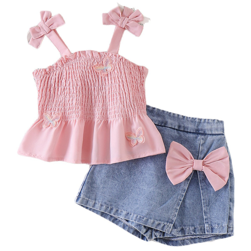 Baby clothing kids set children outfit pink suspender tops blue short