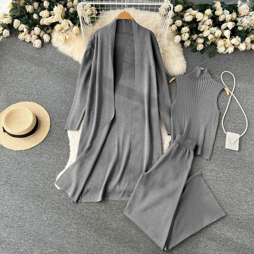 fashionloosecasualknittingsuit women's long shawl cardigan + turtleneck sweater + loose pants three-piece set