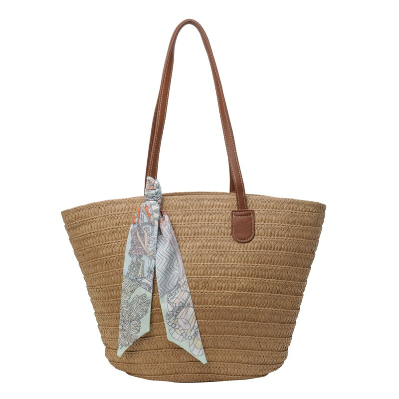 Straw bag women's large capacity 2025 new vacation beach straw bag woven commuter bucket bag vegetable basket tote bag