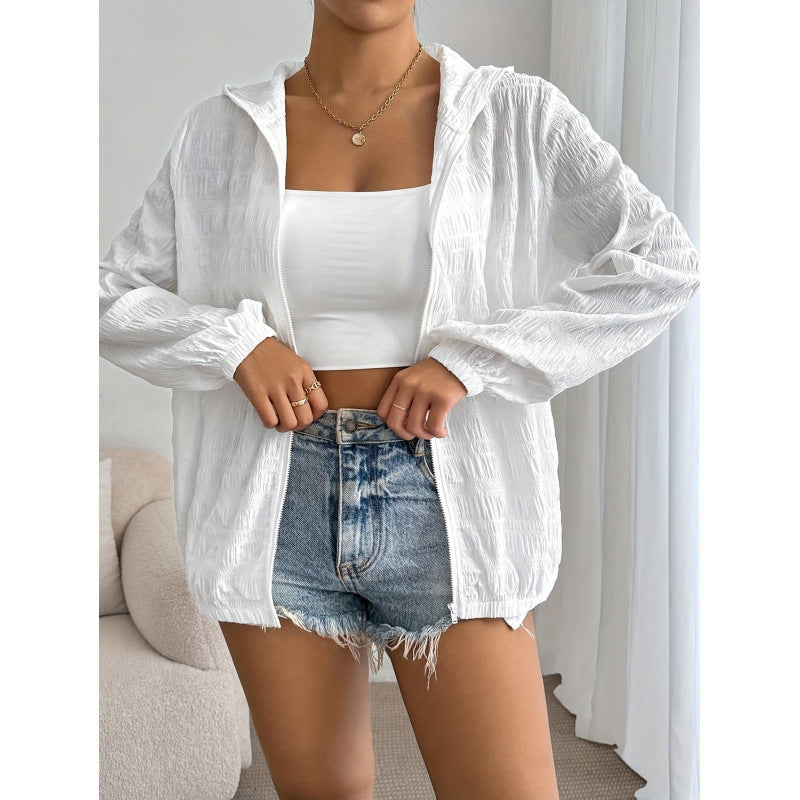 new women's hooded cardigan, open-front sun protection jacket