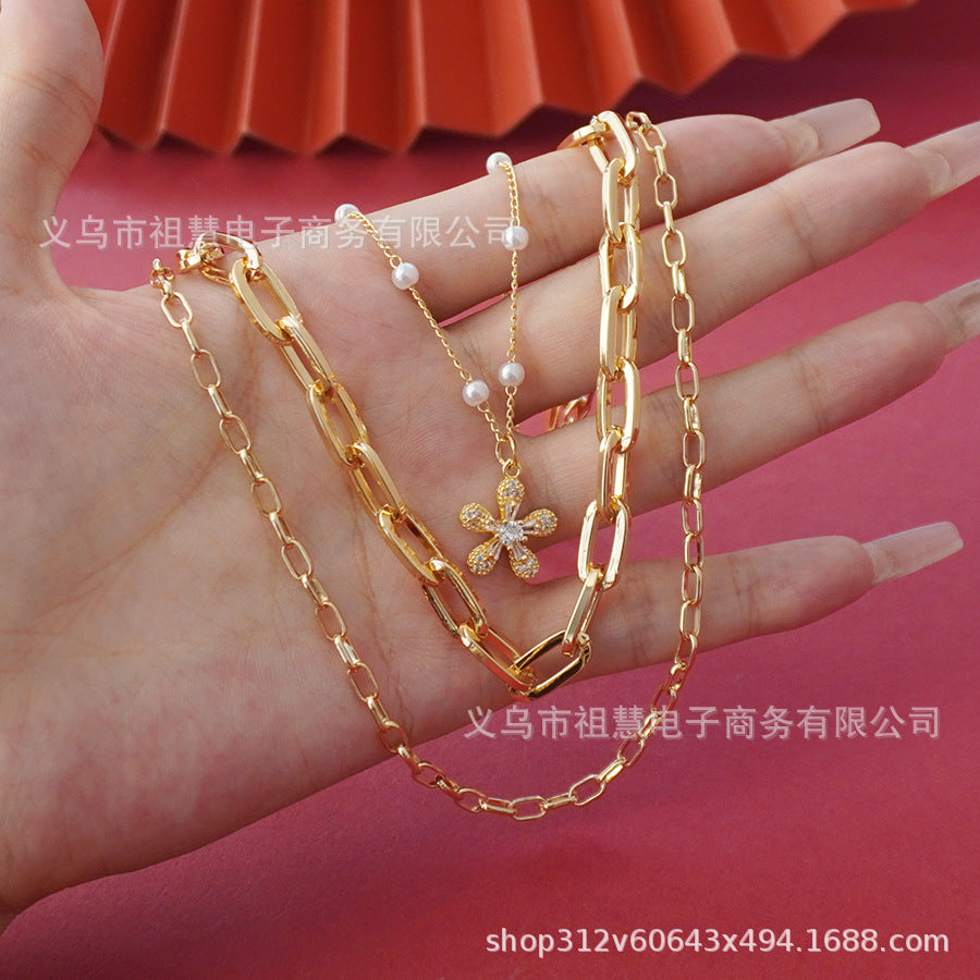 Faux pearl long drawstring necklace floral necklace 3-in-1 unique pearl necklace simple choker school gift