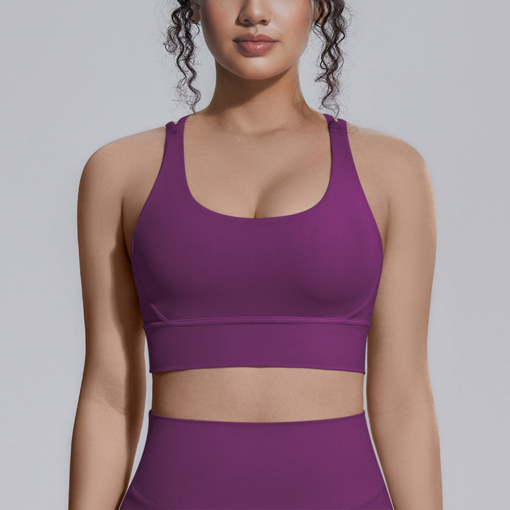 New nylon spandex sports bra - racerback, cross-back, compression yoga top - shockproof, barely-there feel, fitness tank top