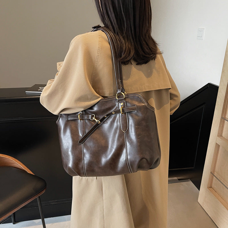 Retro lazy sense, briefcase bag, women's large-capacity texture, solid color, simple and popular foreign-style portable shoulder tote bag