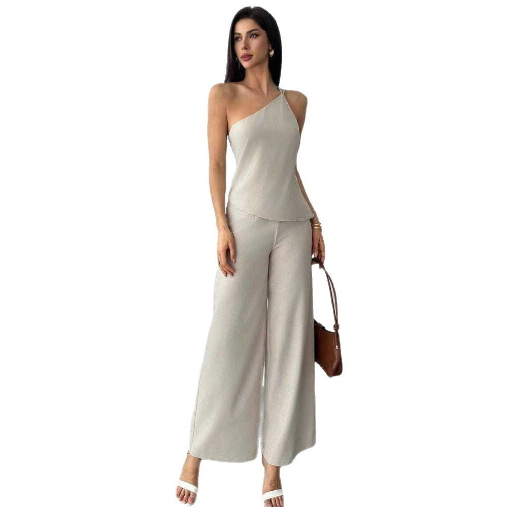 european and american cross-border summer new arrival: asymmetrical ruffle backless top and high-waisted pants two-piece set for women