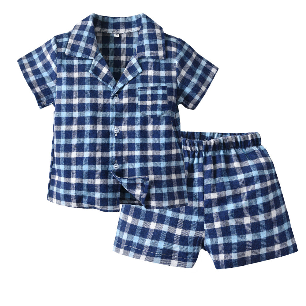 Boys' spring/autumn lightweight cotton short-sleeve cardigan plaid pajama set - kids' loungewear