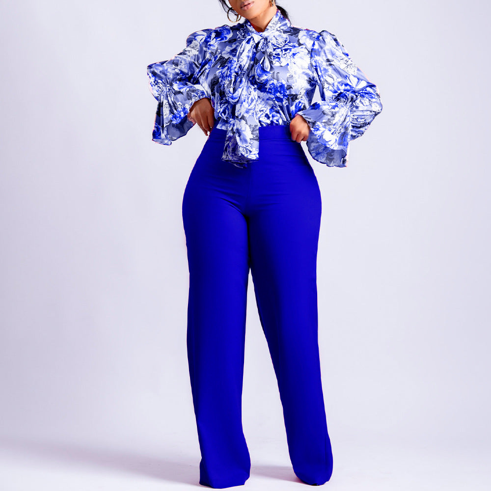 D316 european and american style women's clothing  autumn/winter loose plus size casual printed long sleeve shirt and wide leg pants cross-border two-piece set