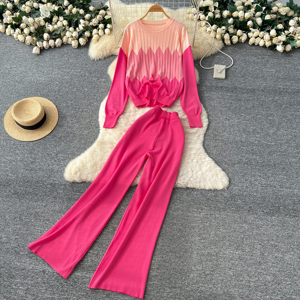 Korean style casual fashion color block crew neck long sleeve knit top women's autumn/winter high waist slimming wide leg pants sweater set