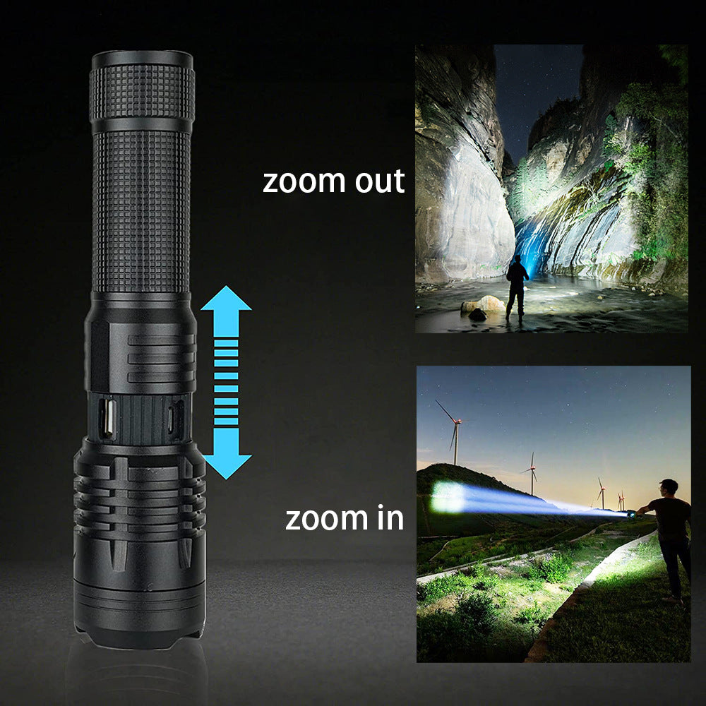 Cross-border new XHP70 strong light flashlight, outdoor USB charging with output zoom remote LED flashlight