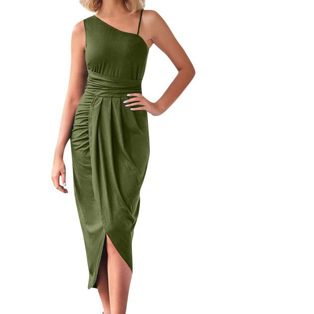 fashion style  women's long skirt new arrivalasymmetrical oblique shoulder silmdress for women