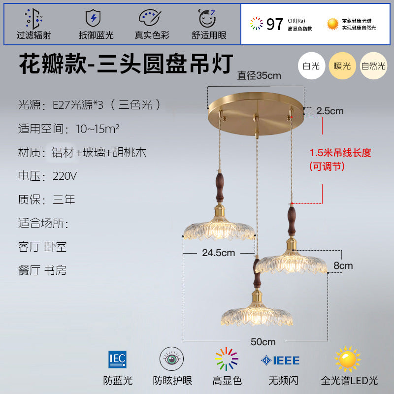 French Internet celebrity three head restaurant lights retro Japanese aluminum glass chandelier walnut dining room dining table bar lighting