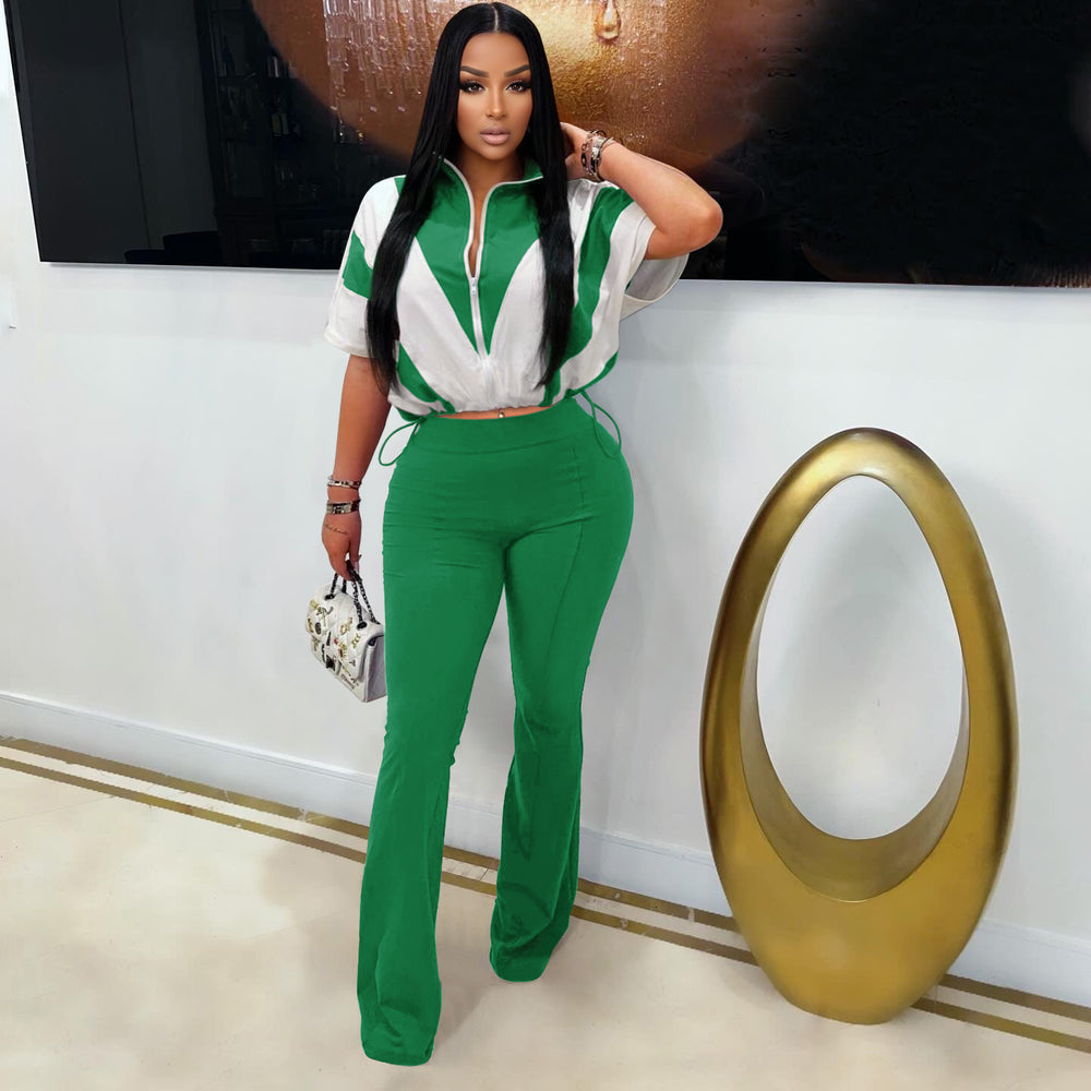 European and american style fashion casual elastic waist color block patchwork color block sport two-piece pants set -