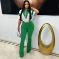 European and american style fashion casual elastic waist color block patchwork color block sport two-piece pants set -
