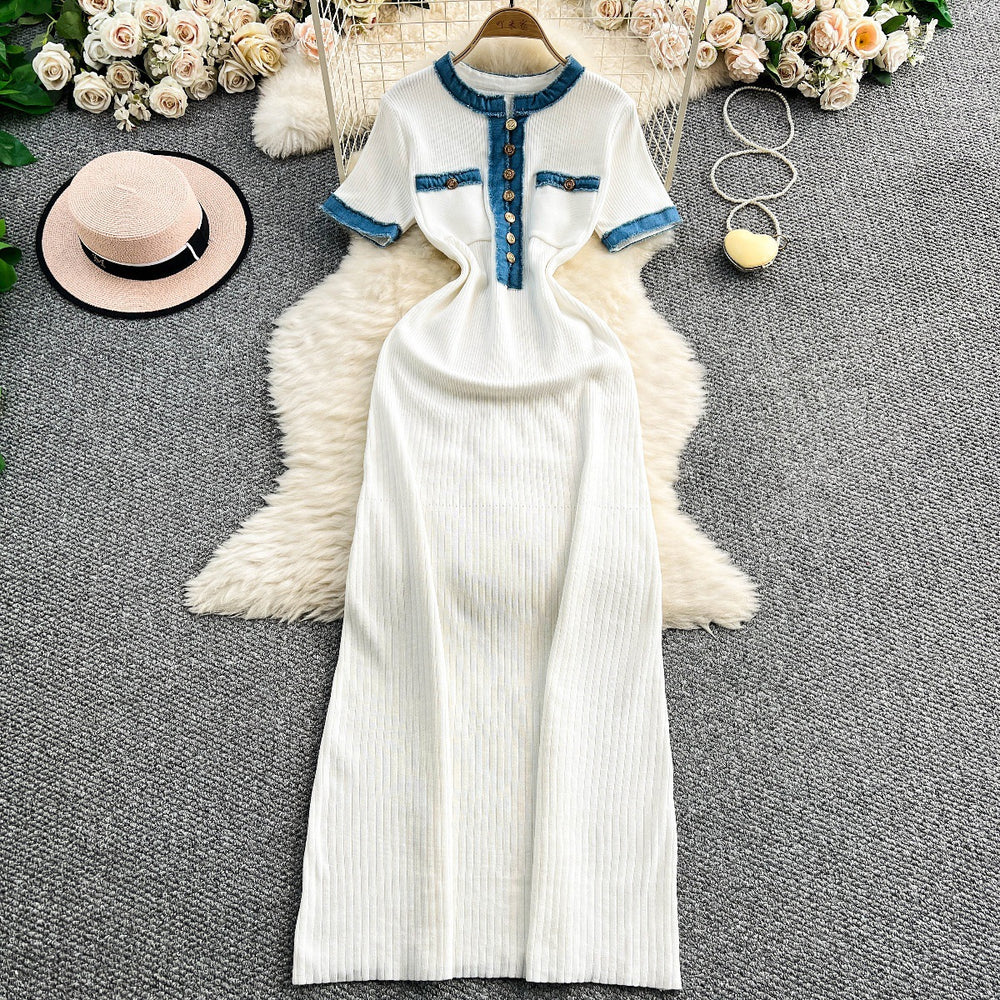 French chic knitted dress - women's summer short sleeve korean style metallic buckle slim fit retro maxi dress