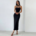 summer pure desire style halter backless high waist hip cover long skirtpure colorknittingsilmfashion cross-border dress