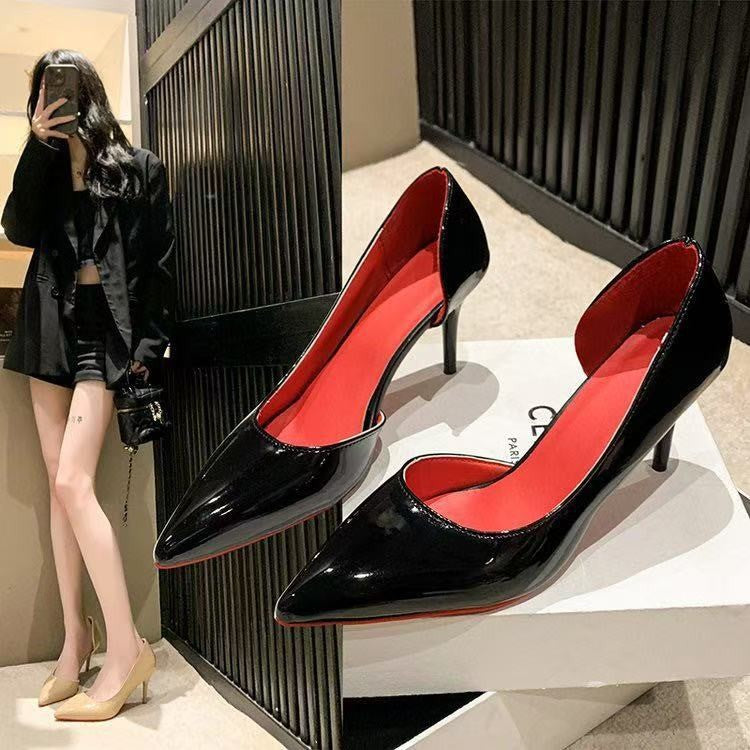 2025 new high heels, open-side design, nude sexy patent leather pumps, professional pointed-toe red sole, elegant style