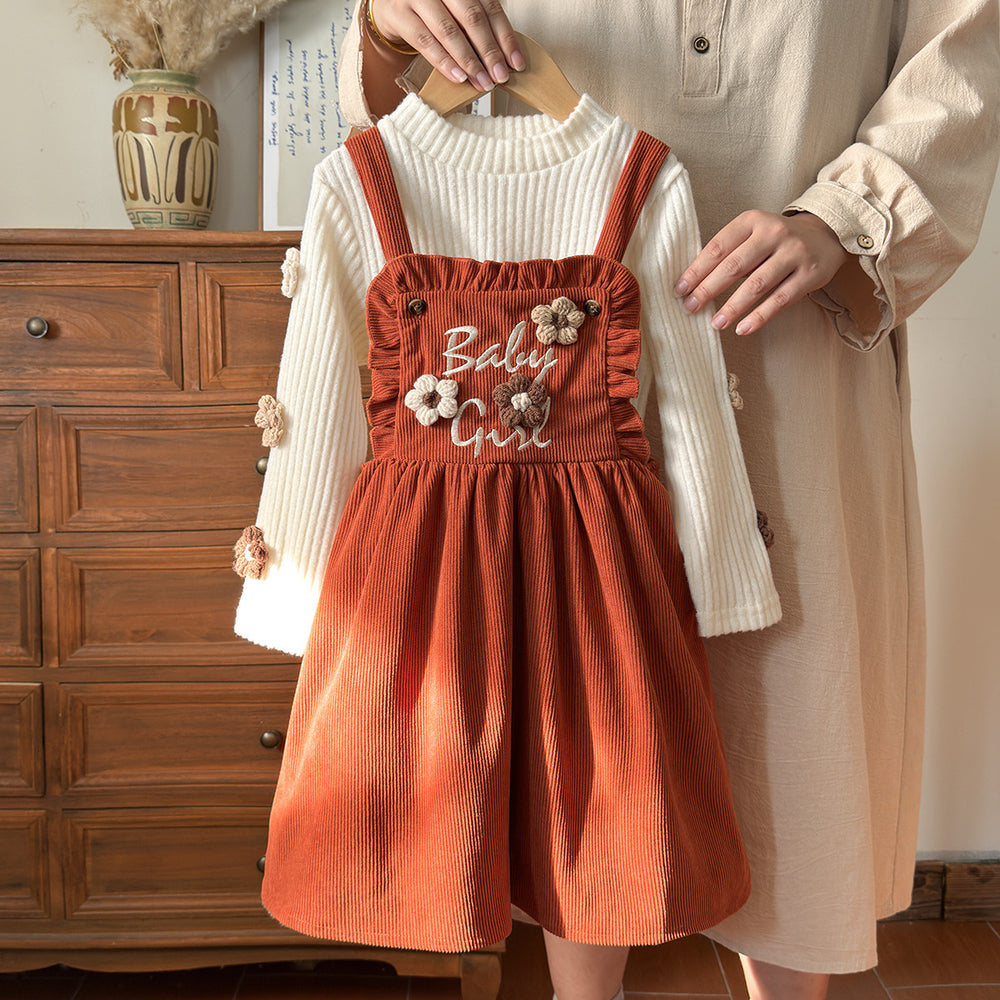hot-selling pastoral style girls' floral round neck top + embroidered suspender dress - cross-border exclusive