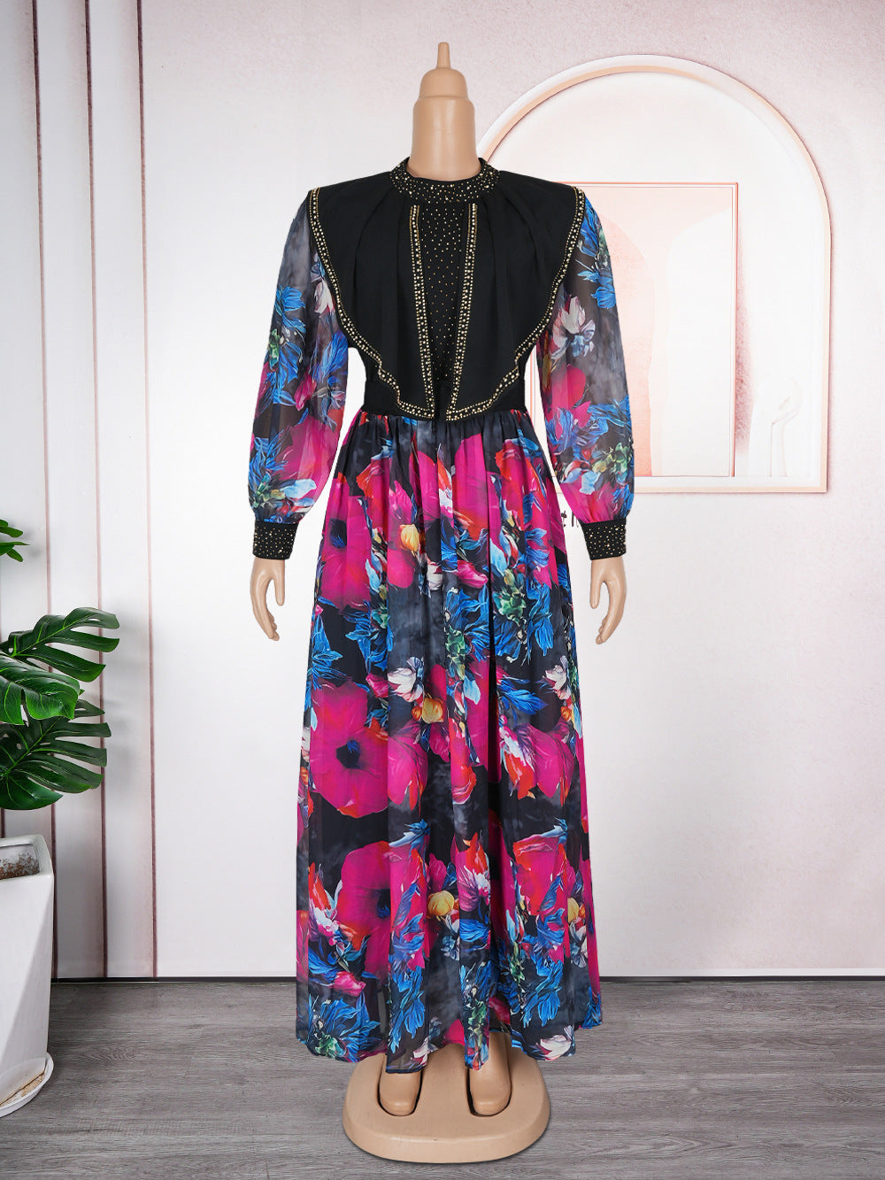 new european and american  cross-border trade african women's elegant printed long-sleeved plus size dress