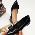 Black patent leather pointed-toe bow flat shoes - women's retro elegant commute flats, versatile and chic basic style