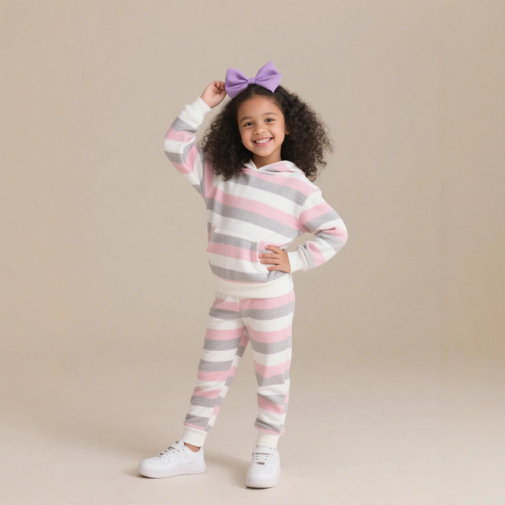 Girls' casual color block striped hoodie and jogger set - autumn activewear two-piece outfit for kids