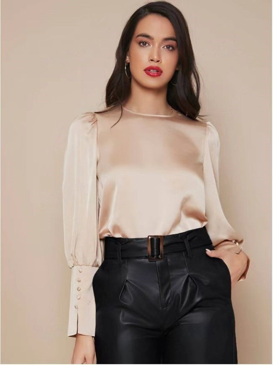 long-sleeved satin shirt for women spring and summer export independent station lantern sleeve satin shirt tops