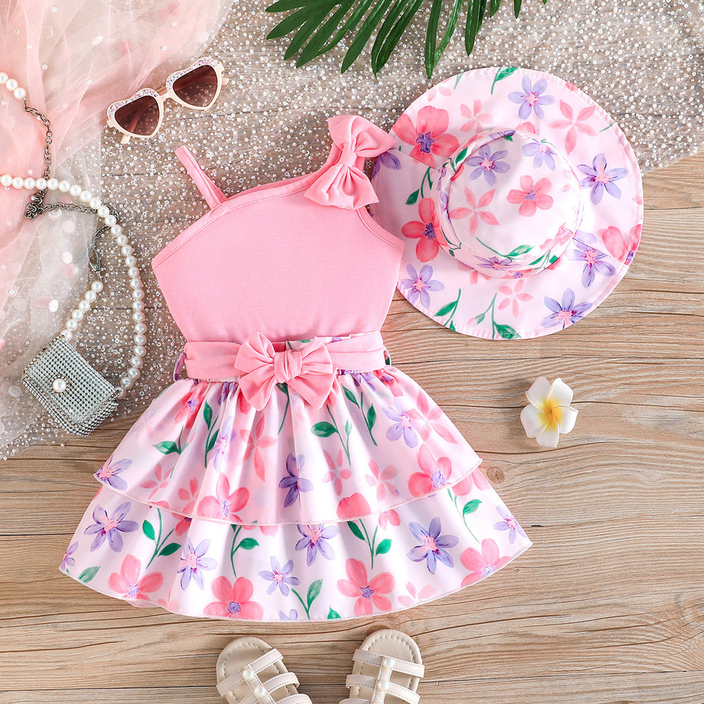 european and american cross-border girls' one-shoulder camisole three-piece set: floral cake dress + matching floral sun hat