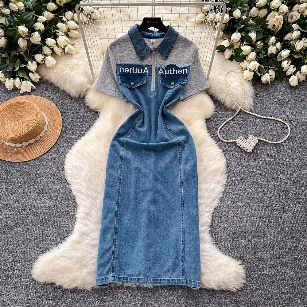 Korean style commute chic denim patchwork faux two-piece dress - women's summer short sleeve slimming a-line denim maxi dress