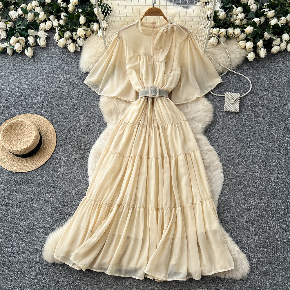 French court style lantern sleeve tiered dress - women's summer tie-waist a-line maxi dress - slimming & elegant