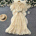 French court style lantern sleeve tiered dress - women's summer tie-waist a-line maxi dress - slimming & elegant
