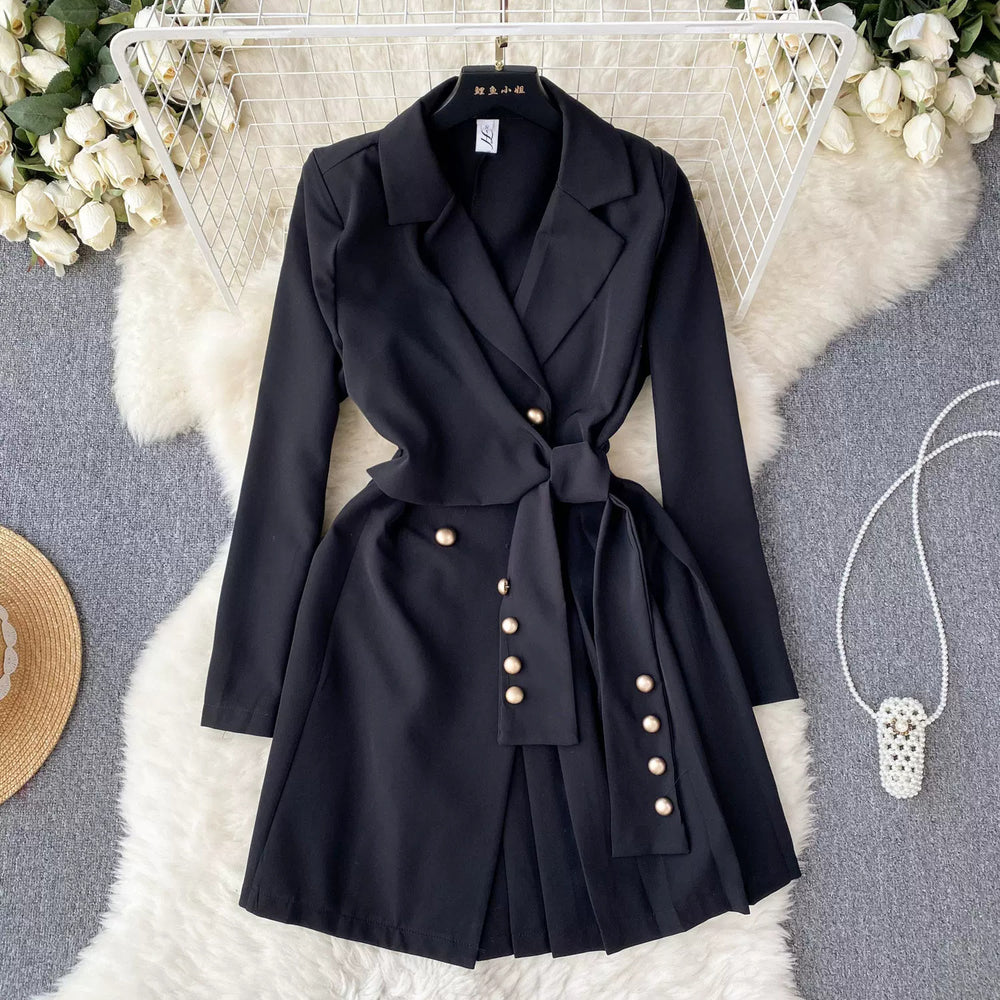 Workplace light mature style women's elegant suit collar strap silmshortsense of design pleated skirt long sleevesdress