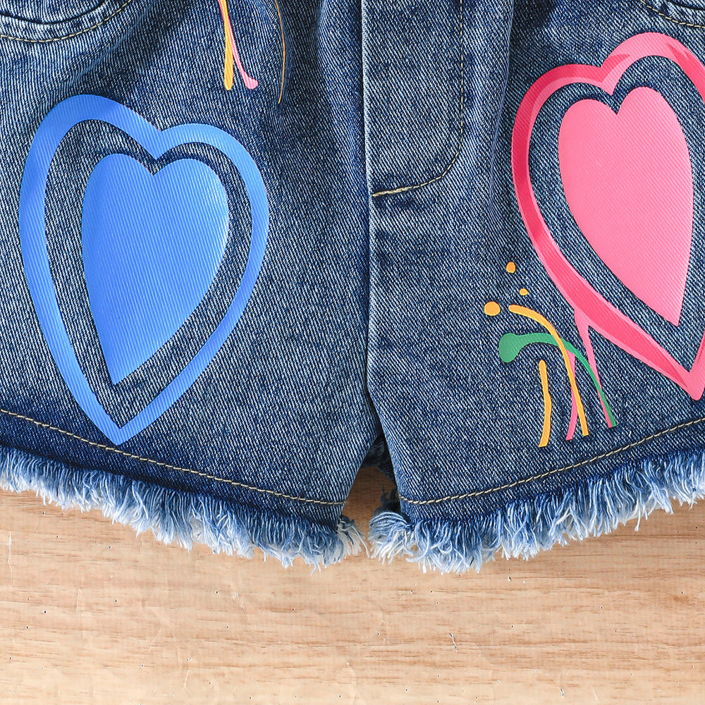 girls' outfit: heart-shaped rhinestone bubble sleeve top + denim shorts - kids' summer two-piece set