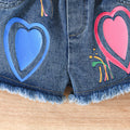 girls' outfit: heart-shaped rhinestone bubble sleeve top + denim shorts - kids' summer two-piece set