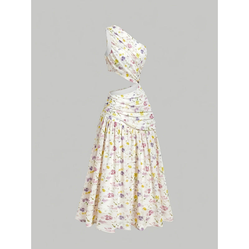 Women's summer new arrival: elegant romantic floral print asymmetrical one-shoulder cutout ruched a-line maxi dress