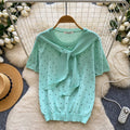Korean style ribbon hollow-out polka dot knit top - women's summer, skin-friendly, breathable, short sleeve, v-neck, slimming, versatile, and youthful top