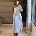 European and american cross-border women's fashion:  autumn new arrival - elegant blue striped one-shoulder long sleeve ruched midi dress