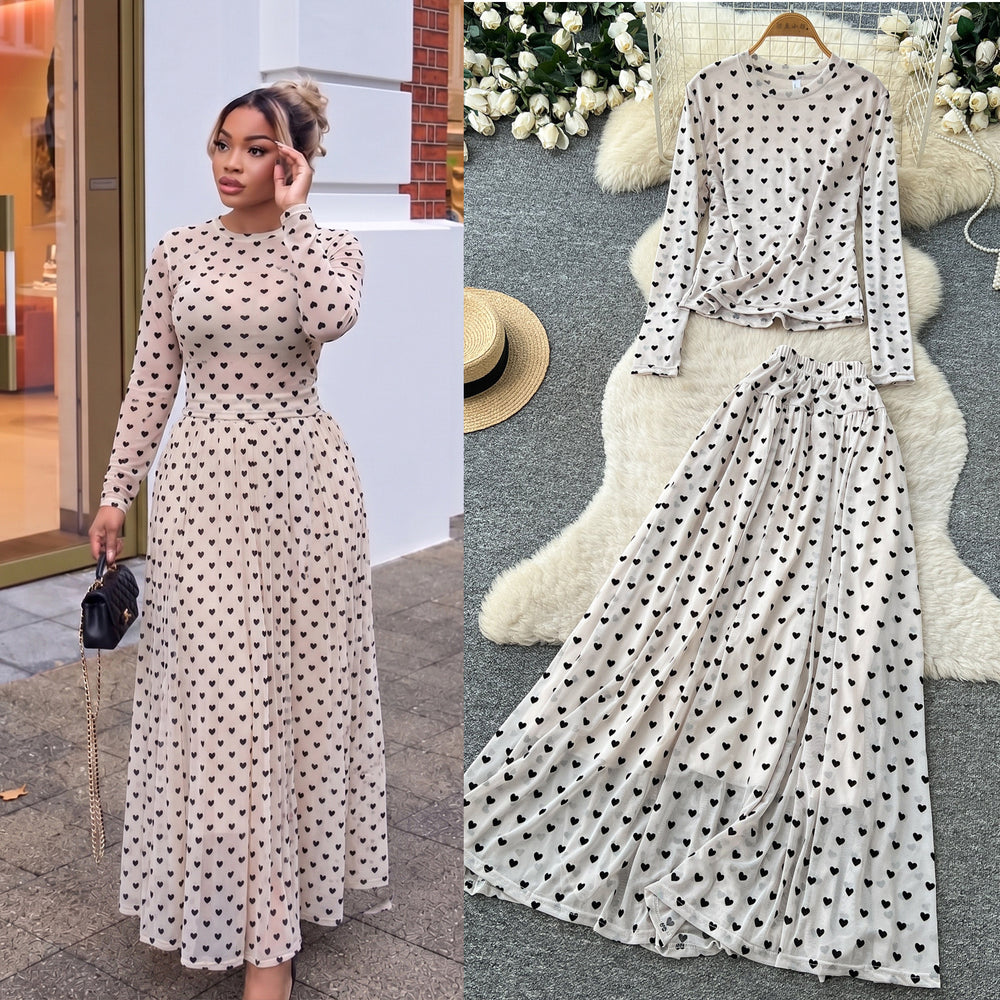 French chic polka dot two-piece set: women's autumn long sleeve high-waisted slimming mesh top and midi skirt elegant outfit