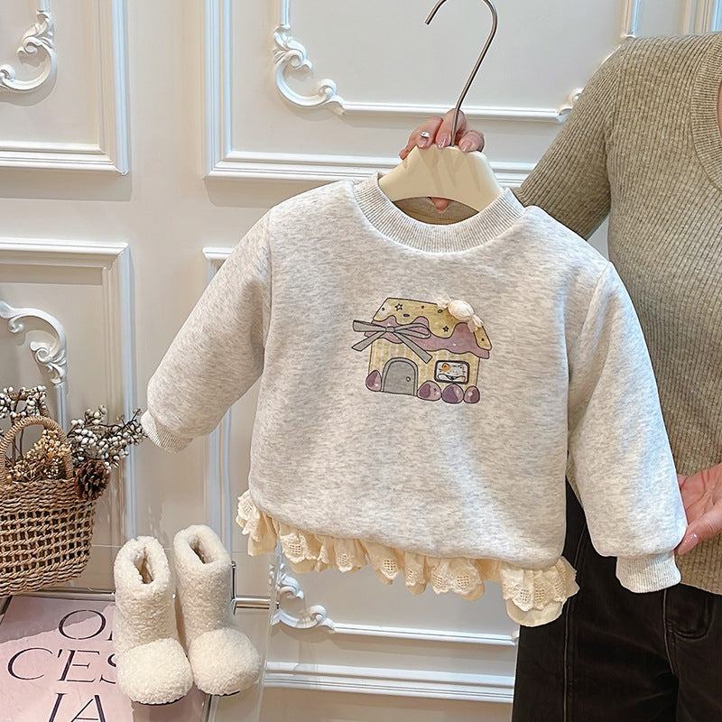Girls' autumn/winter three-layer quilted padded cotton coat, baby girl long-sleeve sweatshirt, kids' warm top, trendy children's clothing